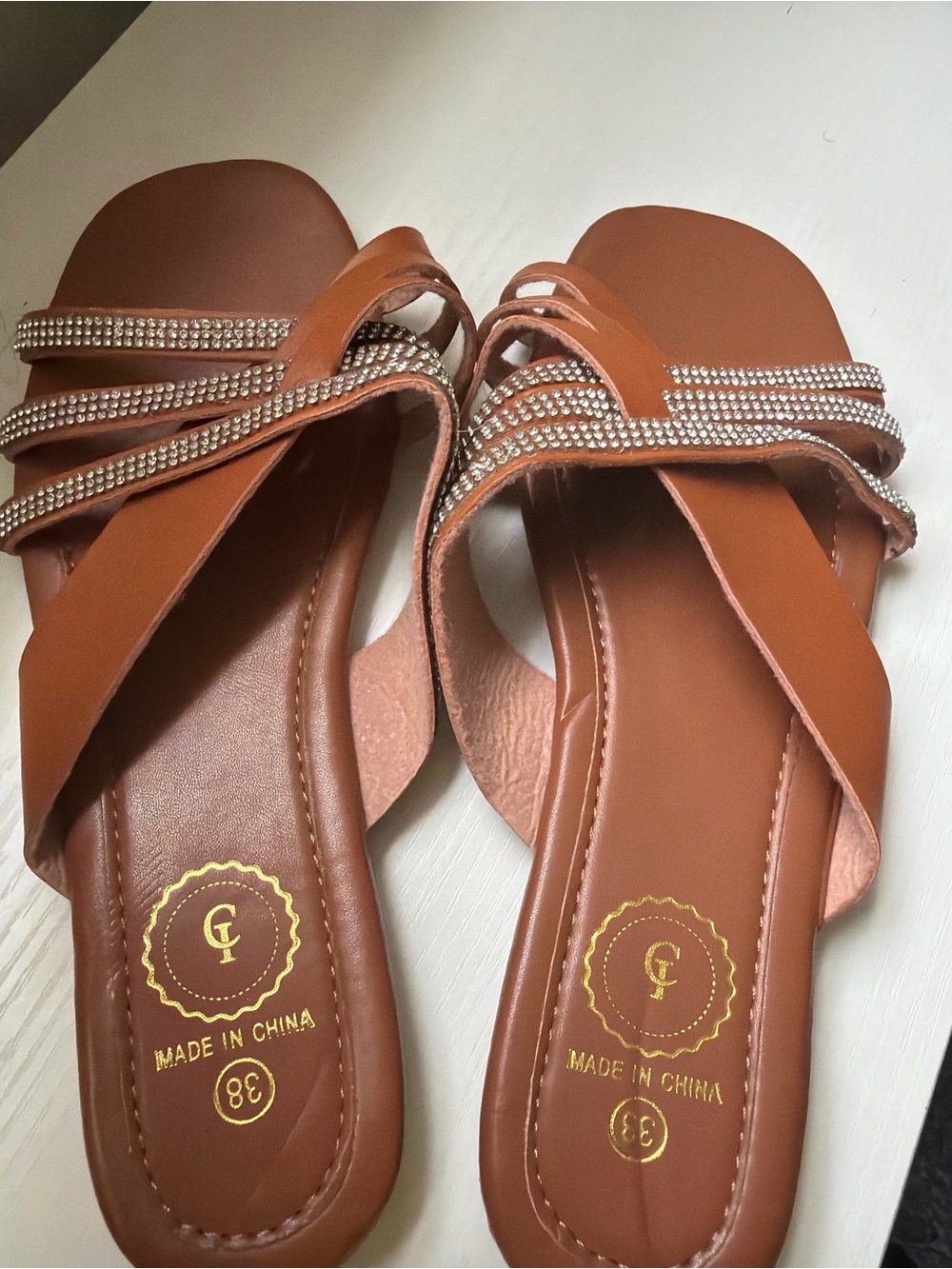 Women’s Brown Rhinestone Slide Sandals - Picture 2 of 3